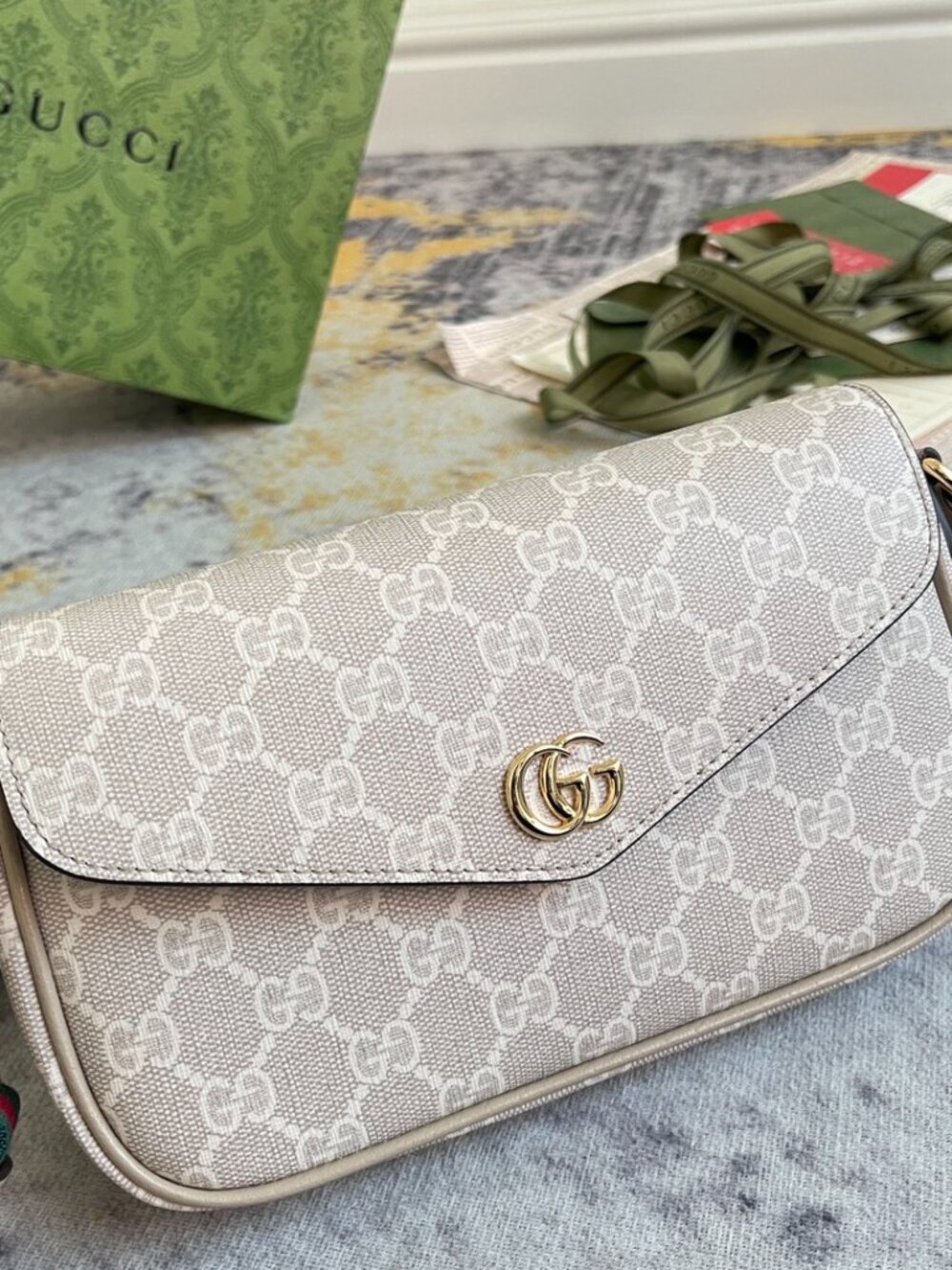 Gucci Ophidia Pochette White GG Canvas Crossbody-Beige - Picture 2 of 9